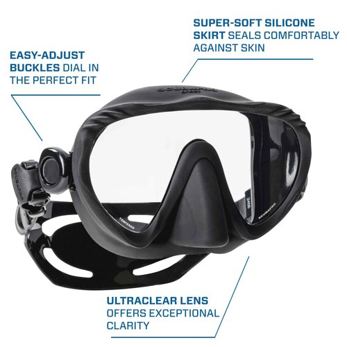 SCUBAPRO Ghost Scuba Dive Mask, Low-Volume Frameless Design w/Ultra Clear Single Lens, Silicone Skirt and Easy-Adjust Strap Buckles, Black