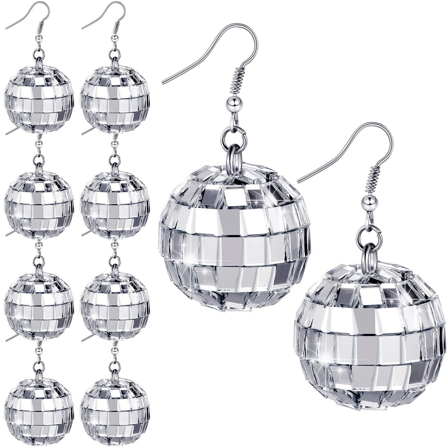 Hicarer 5 Pairs Disco Ball Earrings 30 mm 60's 70's Dance Party Silver Costume Accessories for Women Christmas Disco Outfits