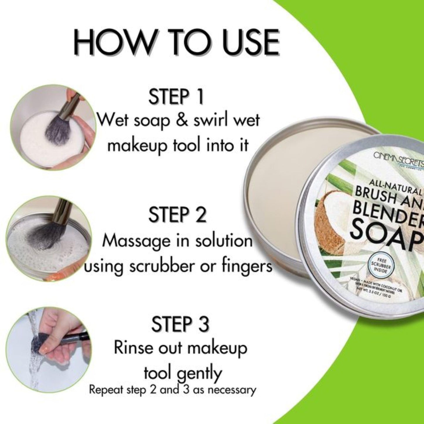 Cinema Secrets Vegan Makeup Brush Cleaner Soap - Brush & Make Up Sponge Cleaner with Scrubber - Formulated with Coconut Oil for