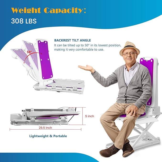 Electric Chair Lift for Senior, Remote Control Floor Lift with Padded Backseat, Bathtub Lift Elderly from Floor, Net Weight 24 LBS, Support Max 308 LBS, Safety and Waterproof Design, Include Charger