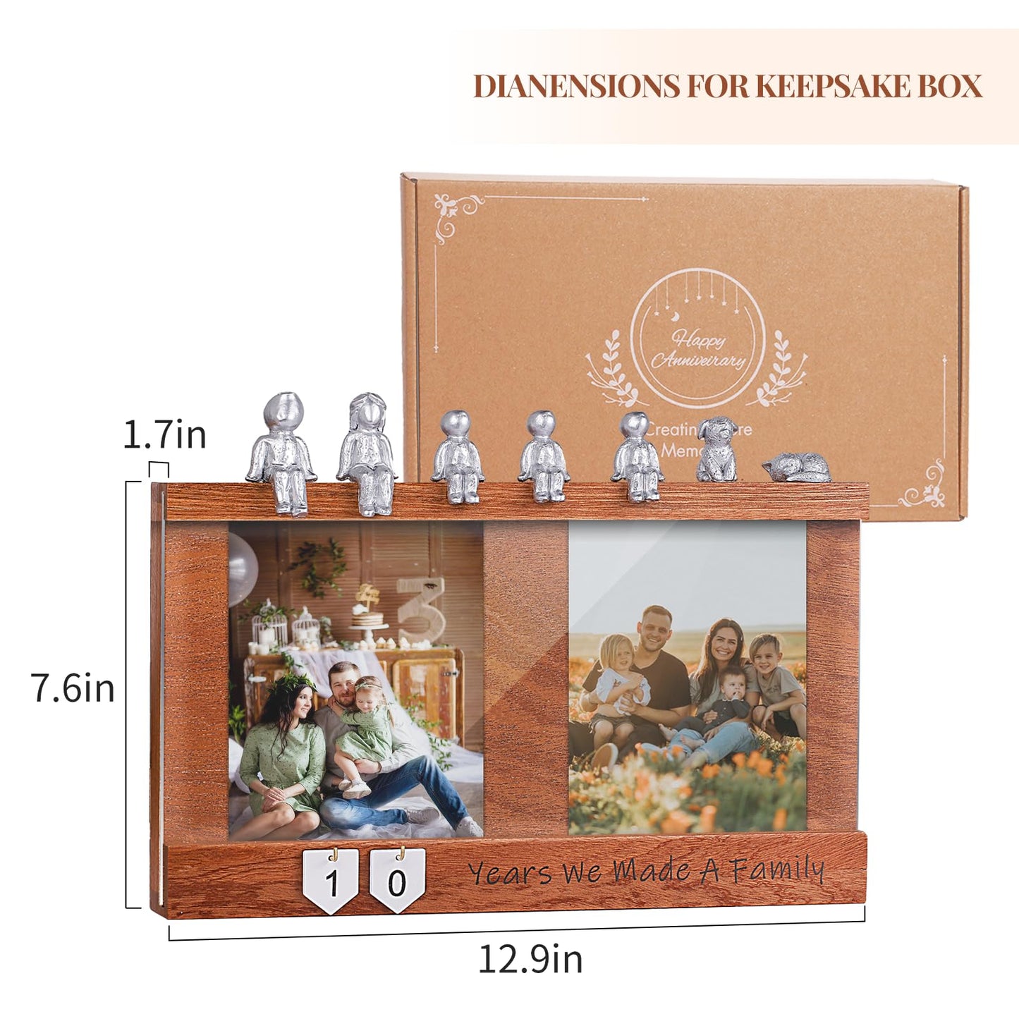 Anniversary Keepsake Box with Family Statue- Wooden Picture Frame for Cherished Keepsakes Storage，Anniversary or Wedding Gifts for Her/He (Walnut)