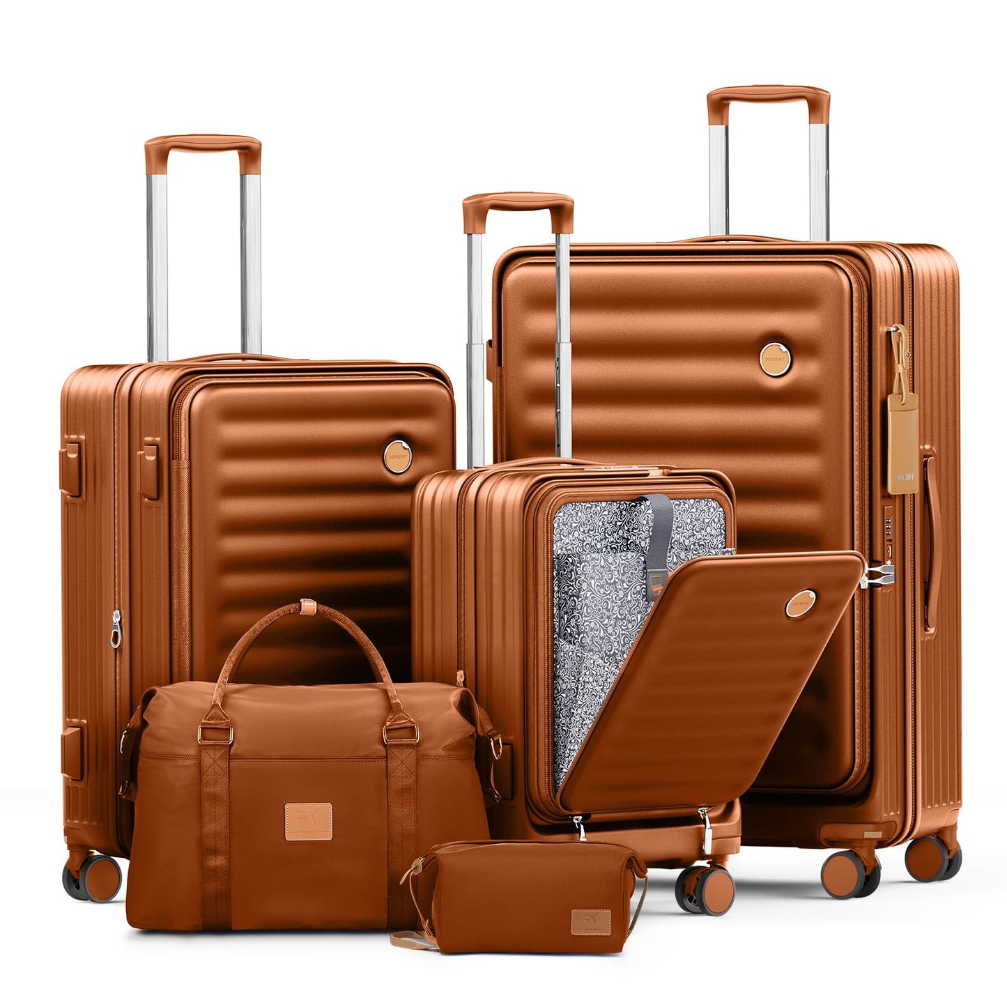 Joyway Luggage Sets 5 Piece with Front Pocket, Expandable Top Opening Suitcase Set, PC Hardside Carry on Suitcase with Spinner Wheels and TSA Lock (Coffee)