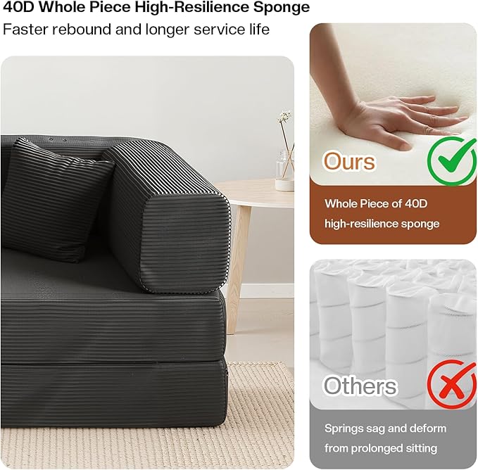 Kelyda 79 Inch Convertible Sofa Bed Couch in Box, 5 in 1 Folding Modular Boneless Couch with Pull Out Bed 2 Pillows, Soft Corduroy Floor Futon Lounge Loveseat Sleeper Lazy Cama No Assembly Dark Grey