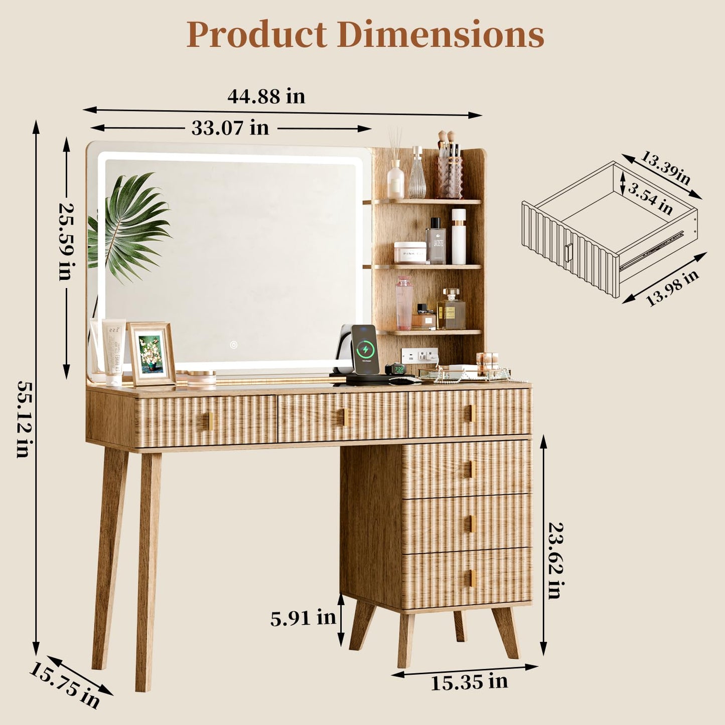 Ieejdn Large Makeup Vanity Desk with Mirror and Lights, Vanity Desk with 6 Drawers & Storage Shelves, Vanity Table with Power Outlet, 3 Color Modes & Adjustable Brightness Dressing Table, Bedroom,Oak
