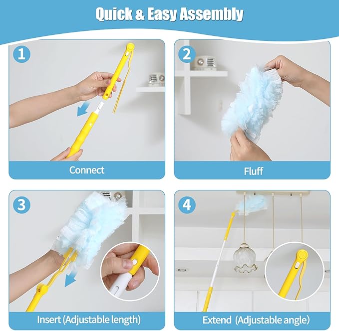 60 Count 360° Heavy Duty Duster Refills Compatible with Swiffer,Large Size-Extra Thick Disposable Electrostatic Duster Refill with 1 Retractable Handle(35-inch Length Fully expanded)