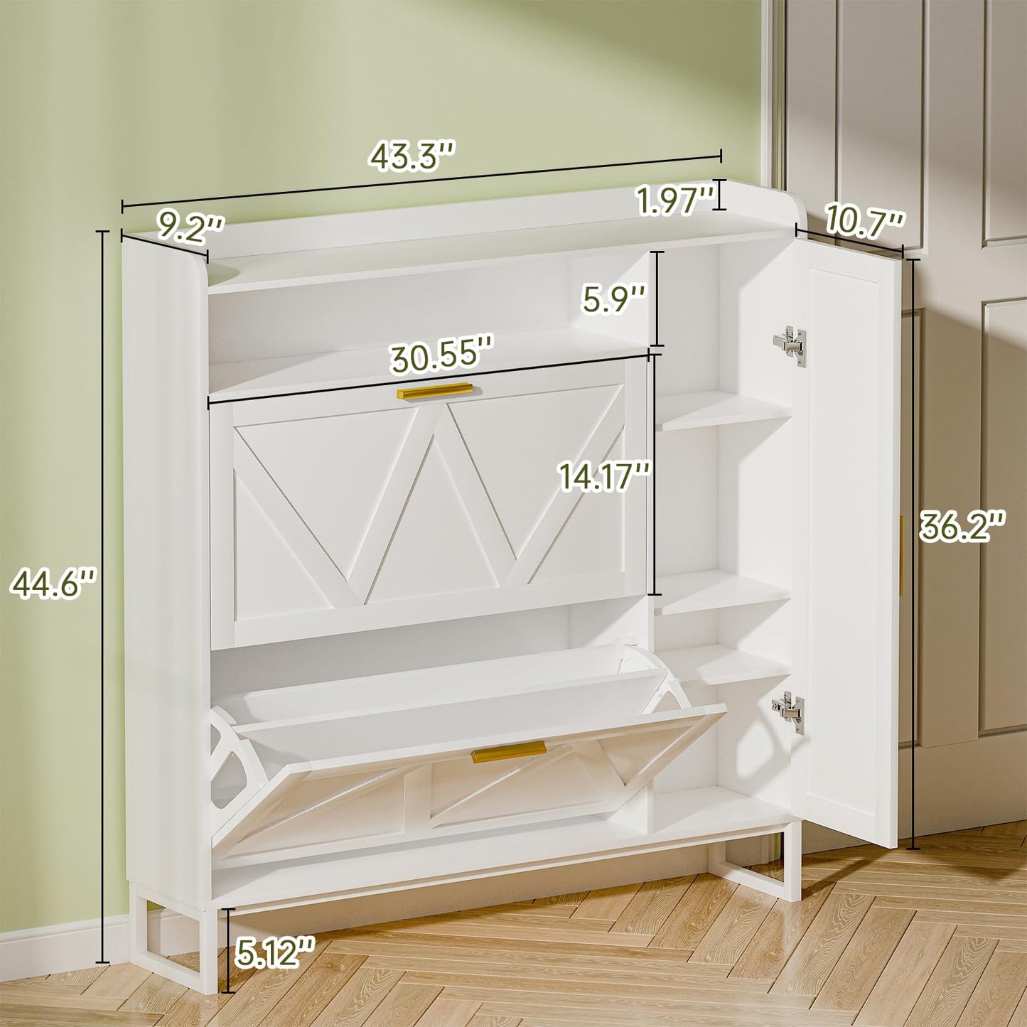GlouMod White Shoe Cabinet with 2 Flip Drawers Door, 43"W Hidden Shoe Organizer Cabinet Storage for Entryway, Closet, Boot, Adjustable Shelves, Narrow Shoe Rack Freestanding Cupboard, At Least 20 Pair