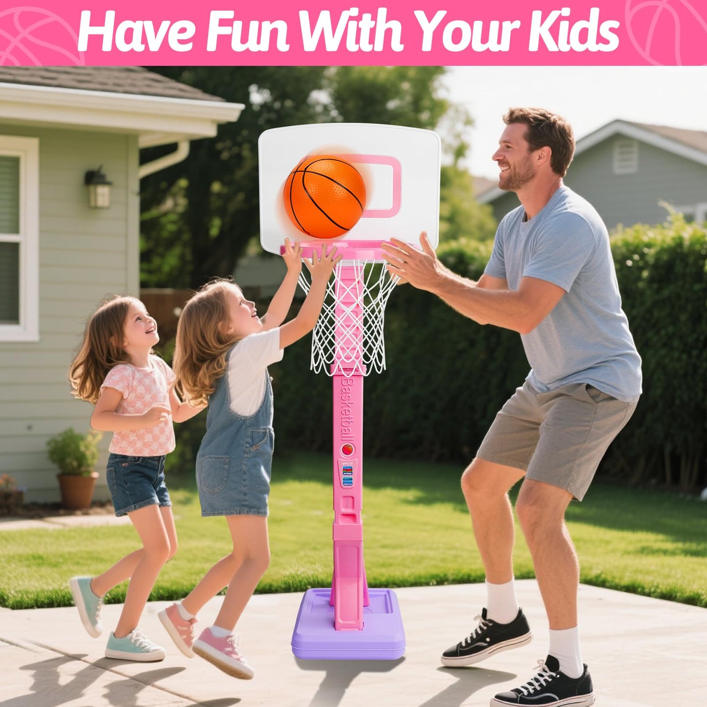 Toddler Pink Basketball Hoop Indoor Outdoor Age 1-3, Adjustable Kids Basketball Hoop with 3 Balls Backyard Outside Girls Basketball Goal Sport Toys for 1 2 3 4 Year Old Baby Girl Birthday Gifts
