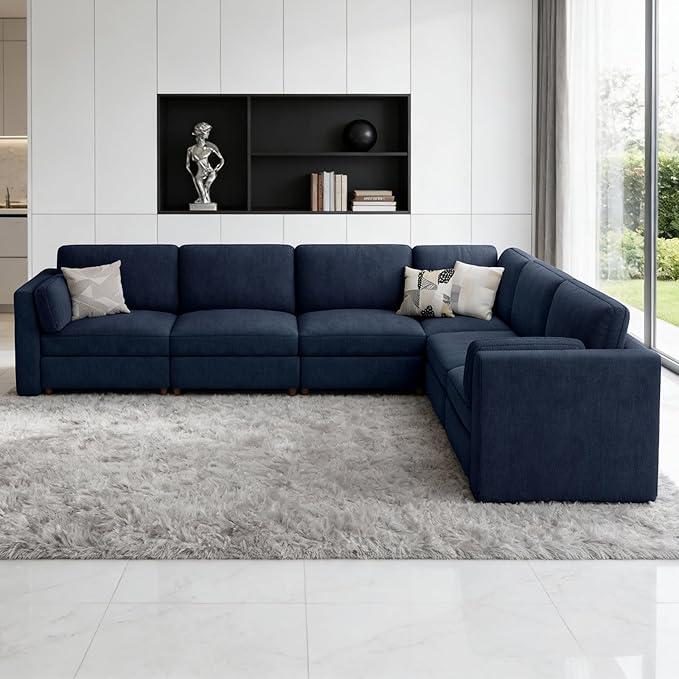 CUGOAO 159'' Modular Sectional Sofa, Oversized L-Shaped Sectional Couch, Deep Seat Chenille Cloud Couch, Removable Cover, Mordern Upholstered Couches for Living Room, Apartment, Office, Blue