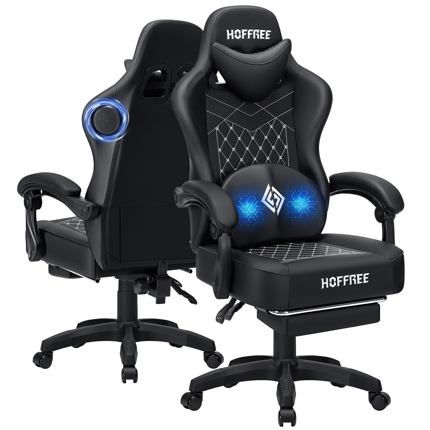 HOFFREE Gaming Chair with Speakers Massage Computer Gaming Chair with Pocket Spring Cushion for Adults Reclining Gamer Chair with Bluetooth Video Game Chairs with Footrest Black