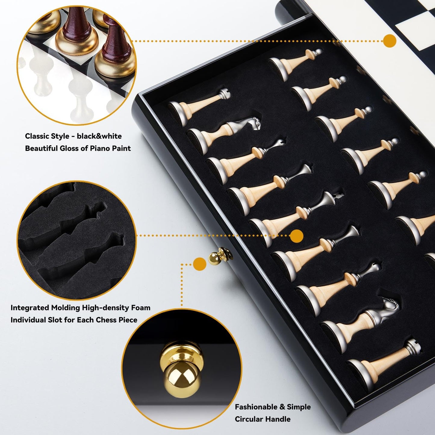 AMEROUS 16 Inches Wooden Chess Set, Large Size Board with 2 Built-in Storage Drawers - 2 Extra Queens - Metallic & Wooden Chess Pieces - Gift Packaging, Board Games for Adults and Kids