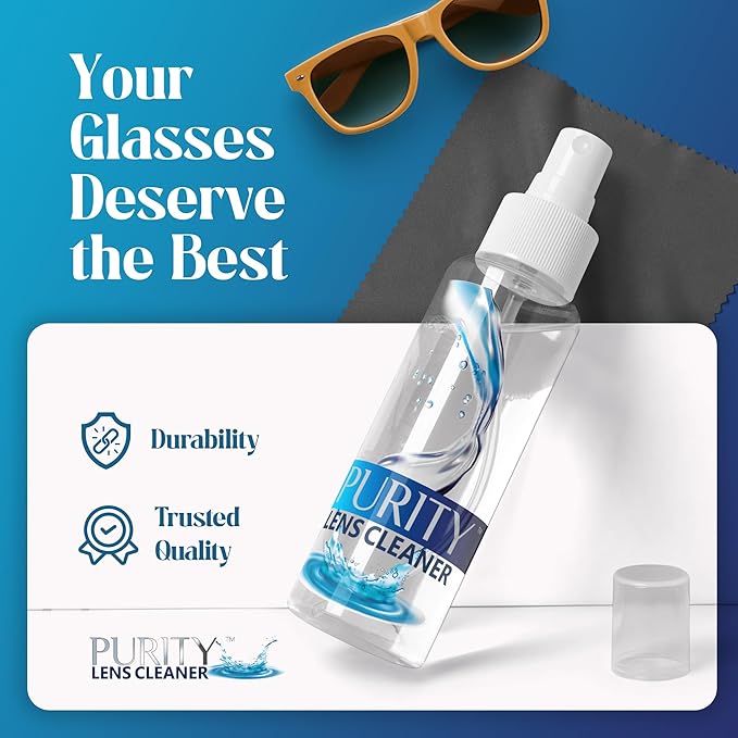 Purity Eyeglass Lens Cleaner Spray Kit - 3 x 8oz Lens Cleaner Spray Bottle + 2 Microfiber Cloth for Cleaning - Safe for All Lenses (AR Coated Included), Eyeglasses and Screens