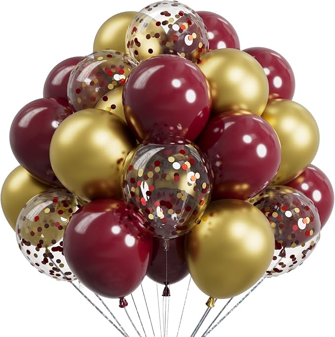 Sulalaboo Metallic Burgundy and Gold Balloons 12 Inch 73PCS Gold Maroon Confetti Latex Balloons Shiny Helium Balloon Set f...