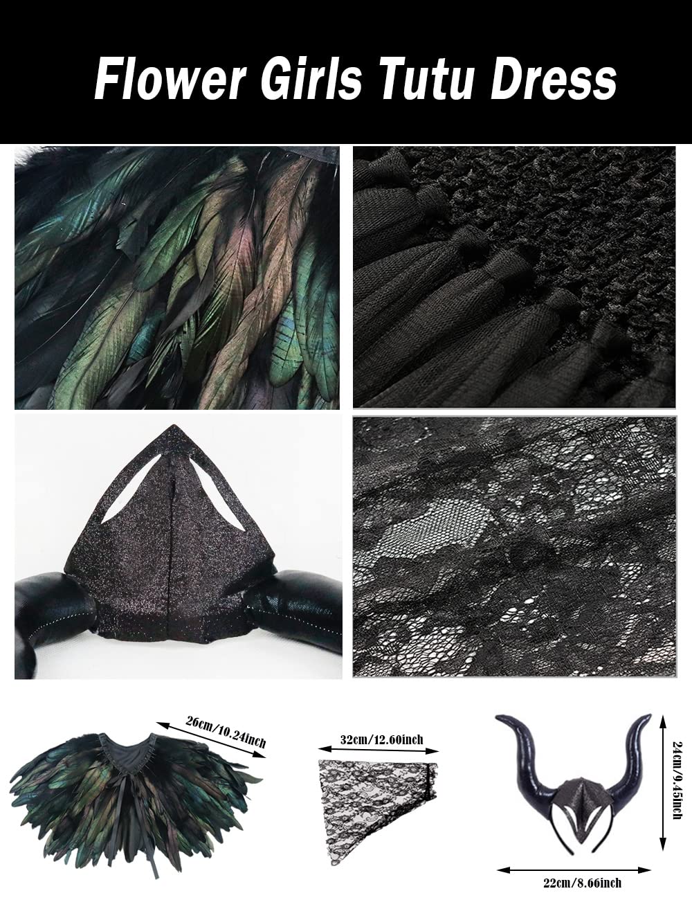 L'VOW Flower Girls Dress Princess Lace Tutu Tulle Dresses for Halloween with Demon Horns Feather Cape Costume Set-100