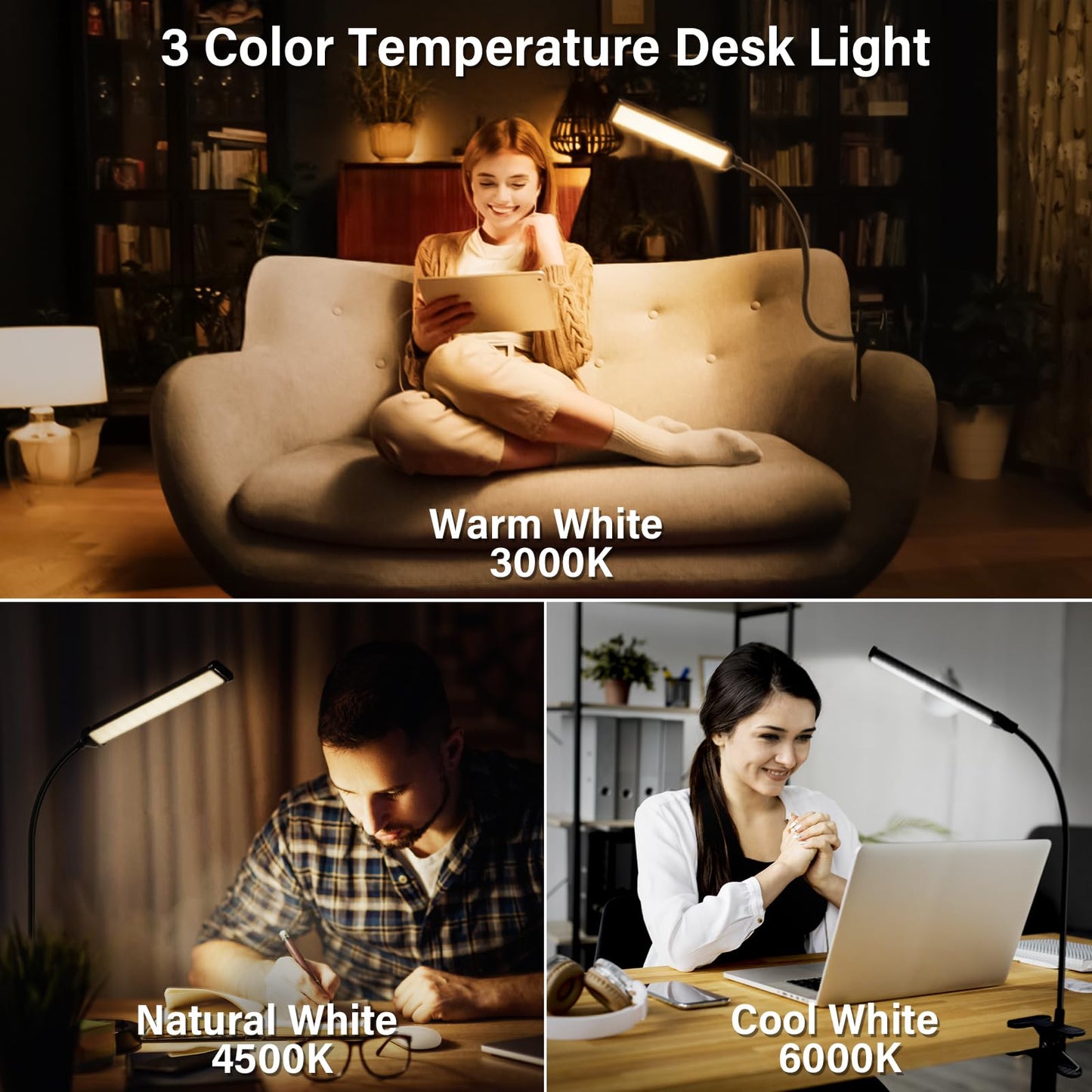VIIVUU Desk Lamp with Clamp, Eye-Caring Clip on Lights for Home Office, LED Reading Lamp with 3 Color Modes, 10 Brightness, Flexible Gooseneck Swing Arm for Study, Work, Draw, Nail, Black