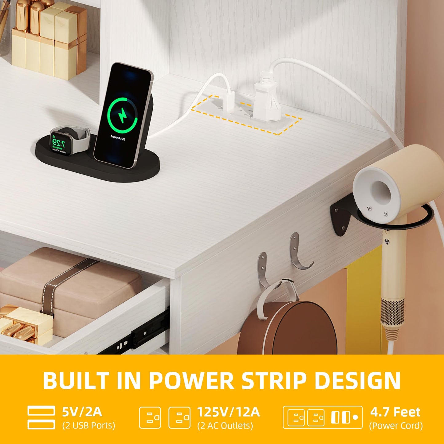 DWVO Vanity Desk with Lights, LED Mirror and Power Outlet, Adjustable 3 Color Lights Modes, Dressing Table with Chair, Makeup Table Set with Hidden Storage Shelves, 3 Drawers, Upgraded, White