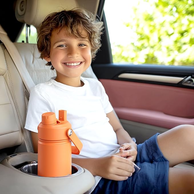 Kids Insulated Water Bottle with Straw - 12oz Stainless Steel Water Bottle with Dual Spouts, Leak-Proof, BPA-Free, Double Wall Vacuum Keeps Cold for 24 Hours for Sports, Travel, School (Black Night)