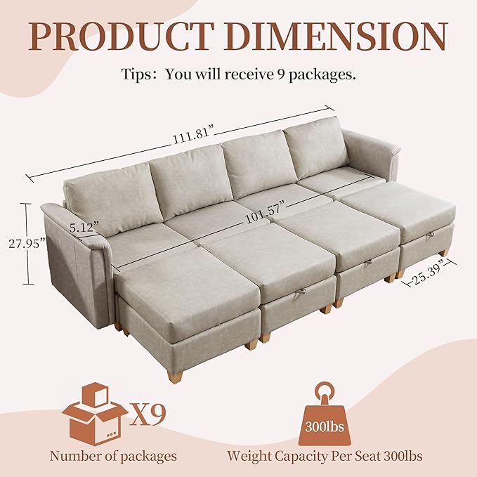 Modular Sectional Sofa,Modern Sectional U Shaped Couches for Living Room,8 Seat PU Leather Deep Seat Sectional Cloud Couch with Storage,Beige