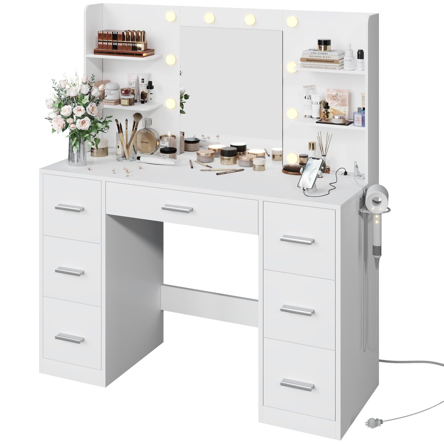 YESHOMY Vanity Desk with Mirror, Power Outlet and 10 Lights, Makeup Table with 7 Drawers, 3 Color Modes Available for Bedroom, Milk White