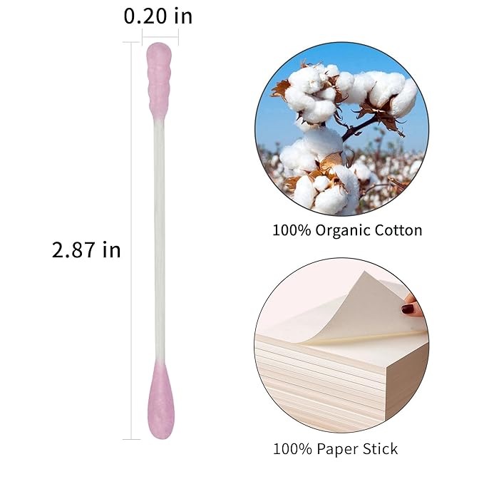 Pink Cotton Swabs Spiral - 400 Count Organic Cotton Buds Double Side Tightly Wrapped Cotton Tips Paper Stick Soft Gentle Lint-Free Cruelty-Free, Round & Spiral (Pink)