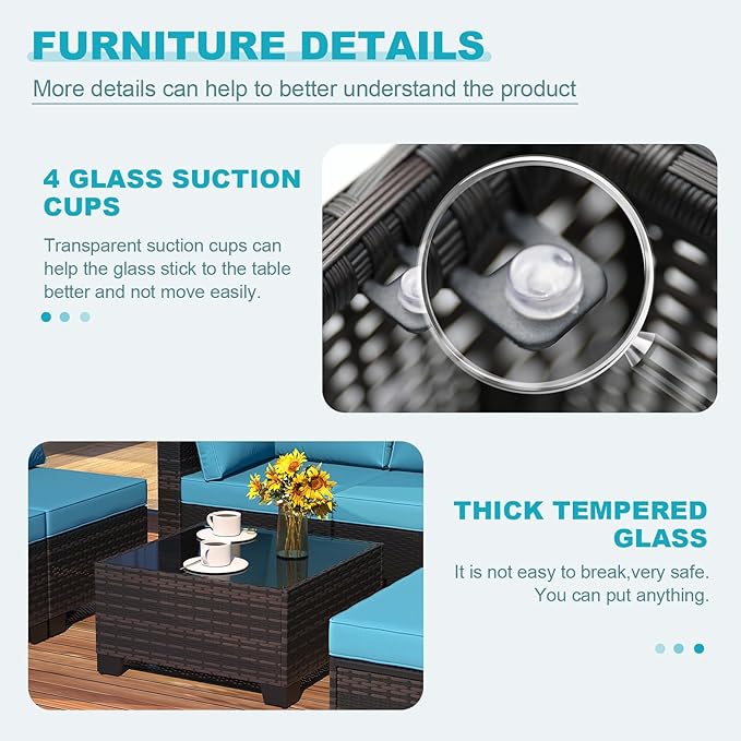 Ophelian 7 Pieces Patio Furniture Set, Outdoor Conversation Rattan Sofa，with Waterproof Cushion and Tempered Glass for Garden and Backyard, (Brown/Peacock Blue)