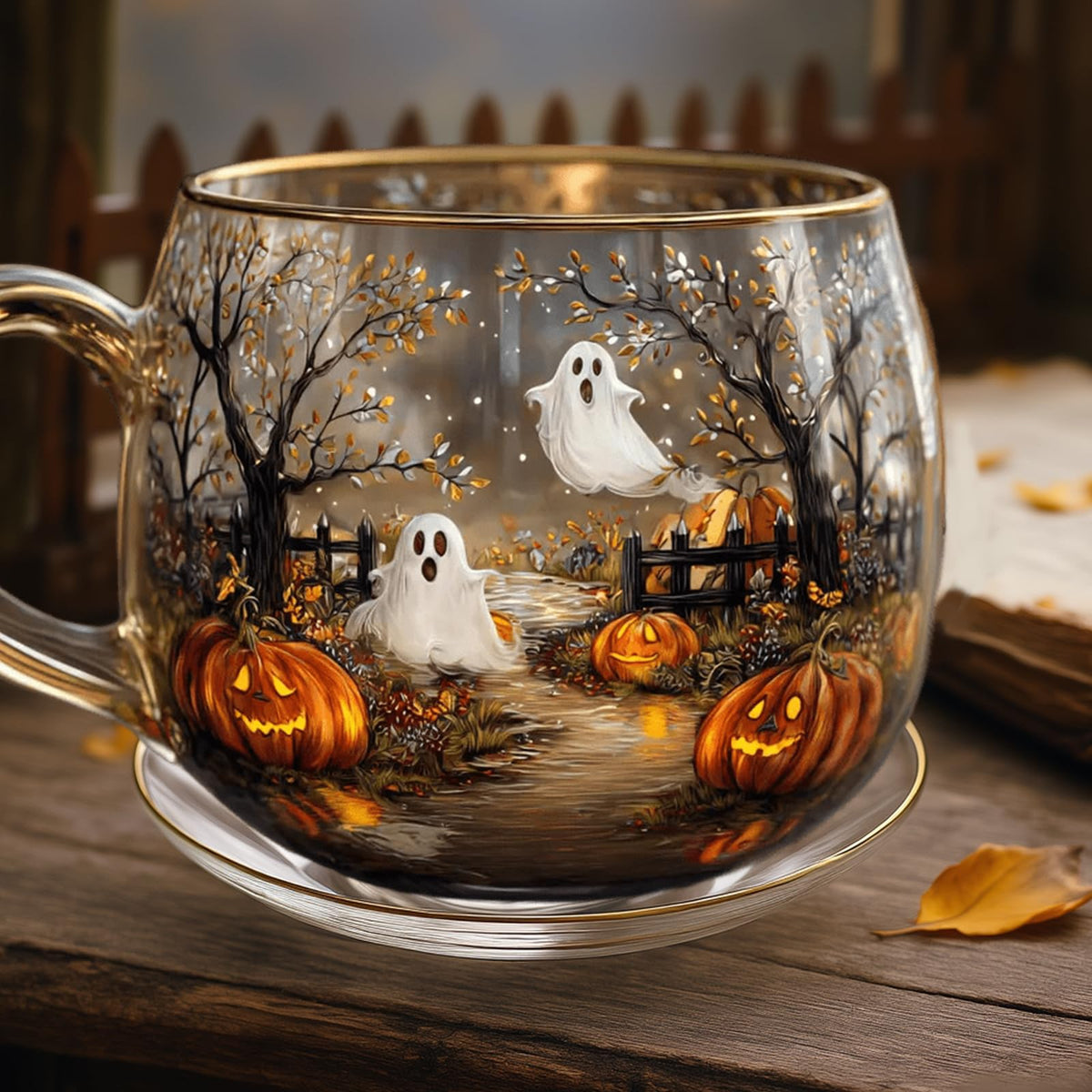 Haunted Path Halloween Mug - Hand Painted Pumpkin and Ghost Design, Spooky Coffee Mug for Halloween Gifts, Fall Decor, Microwave Safe (3.9 * 3.1 inch) (1pcs)