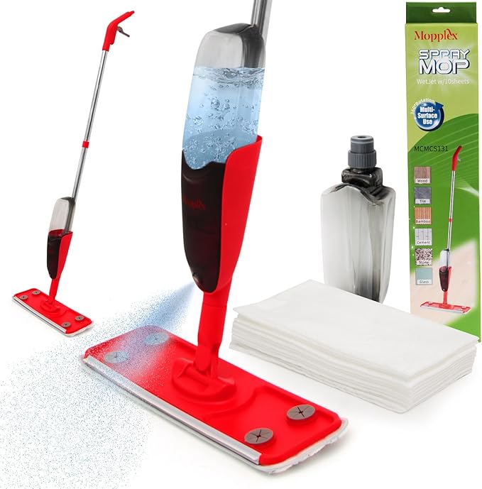 Premium Spray Mop for Floor Cleaning - 10 Disposable Sheets, Hard Wood Floor Cleaner for Mess Free Mopping and Shining