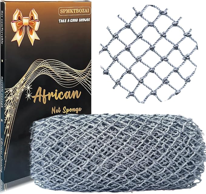 African Net Sponge Authentic, African Exfoliating Sponge Real African Net Black Owned, African Bath Sponge Back Scrubber, Body Exfoliator Shower Bath Accessories (Grey)