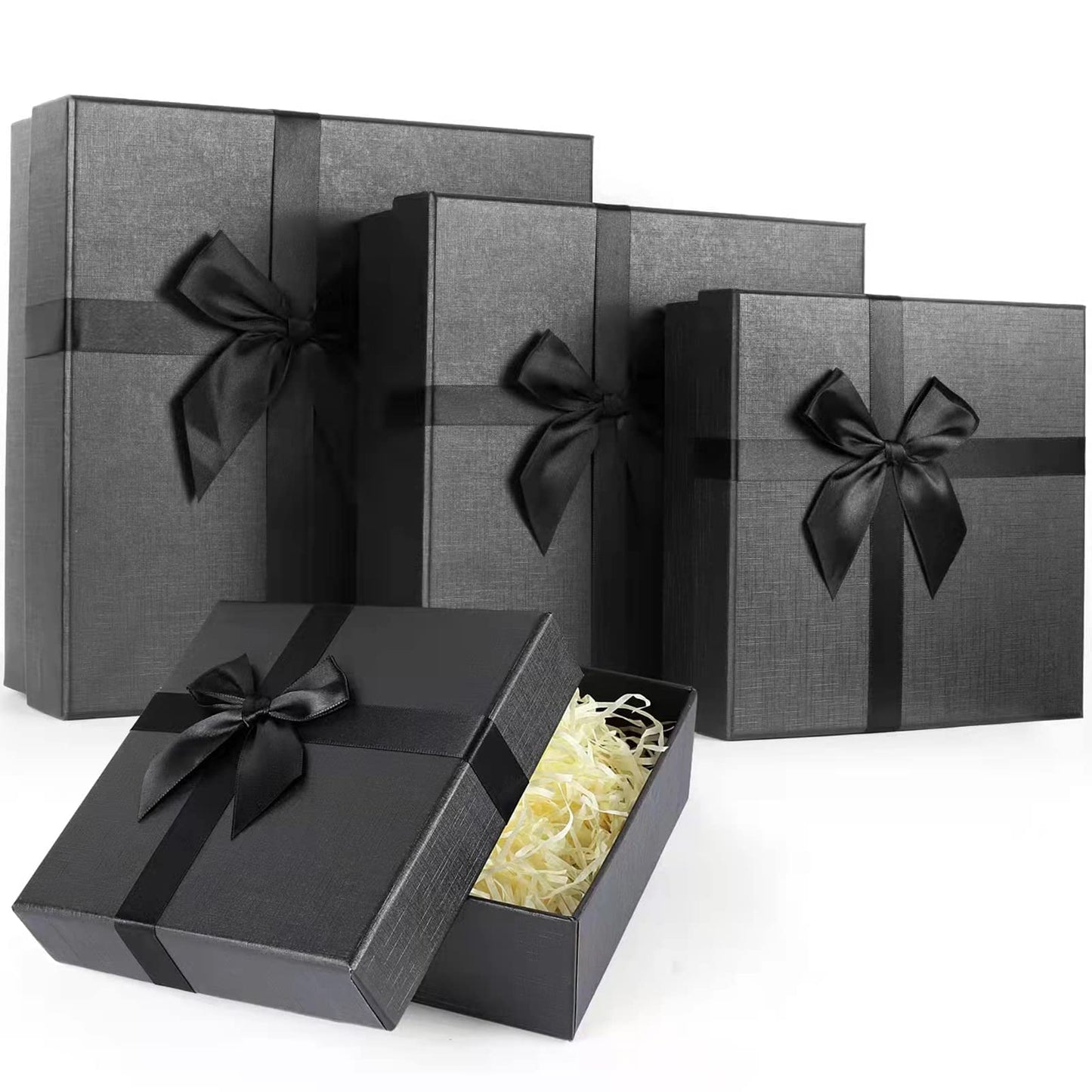 Black Gift Boxes with Lids, Set of 4 Nesting Presents Boxes for Gifts, Luxury Gift Wrap Boxes for Weddings, Birthdays, Anniversaris and All Gift Giving Occasions