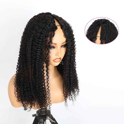 Domiso V Part Human Hair Wig Afro Kinky Curly V Part Wig No Glue No Sew Clip in Half Wig No Leave Out Elastic Band and Removable Clips for Secure Beginner Wig 18 Inch