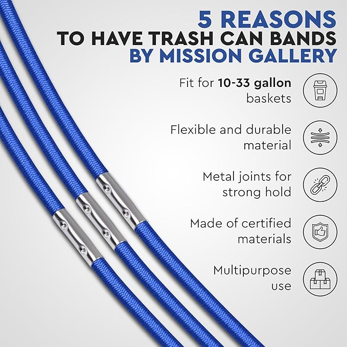 Trash Can Rubber Bands Set of 3 - Elastic Garbage Can Bands with Metal Connector, Fits 13 to 33 Gallon Trash Bags - Gripper Trash Can Bands for Waste Baskets, Blue