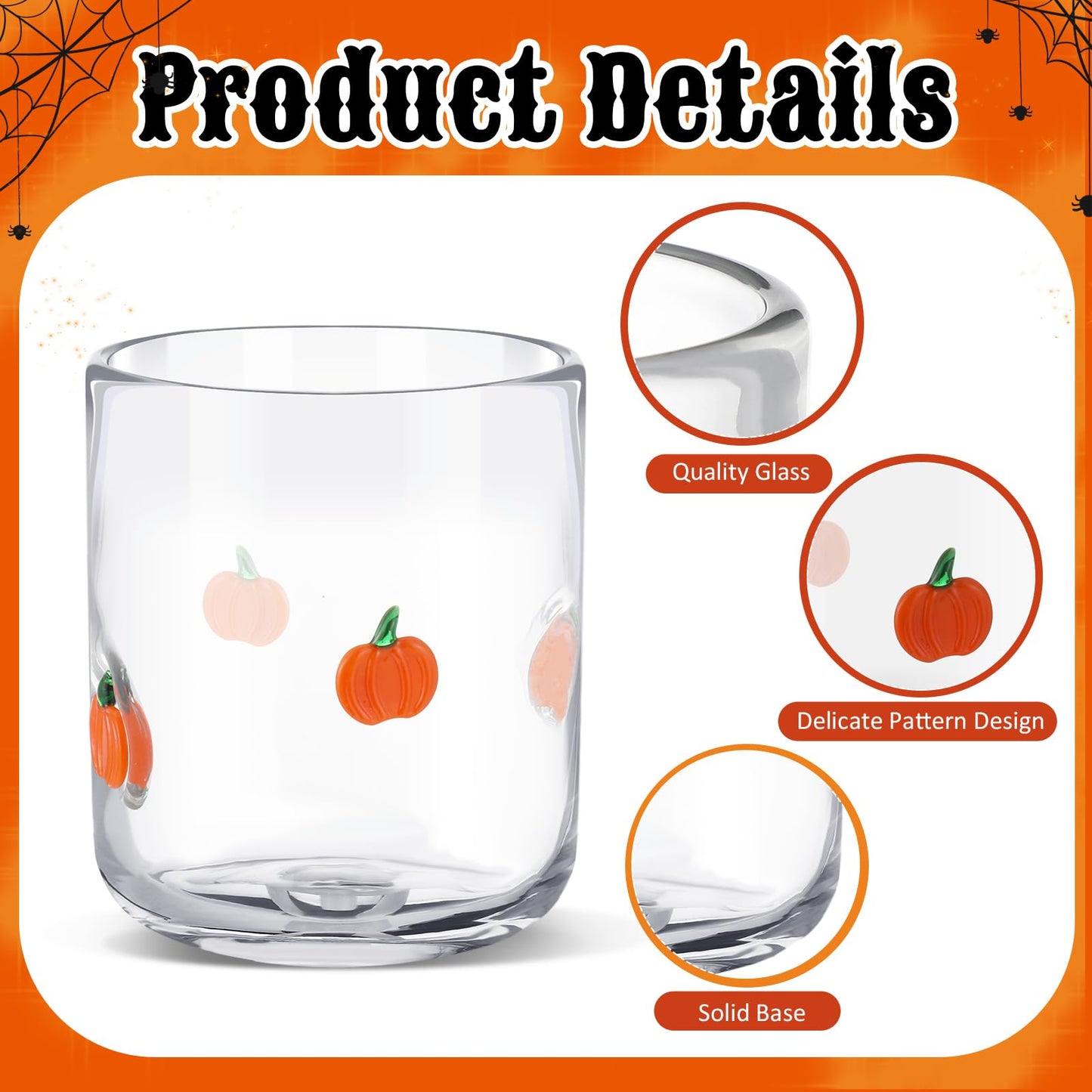 SiliFine 2 Pcs Pumpkin Icon Juice Glasses, 14 oz Fall Pumpkin Stemless Wine Drinking Coffee Glass Cup for Halloween Thanksgiving Day Party Supplies & Gift