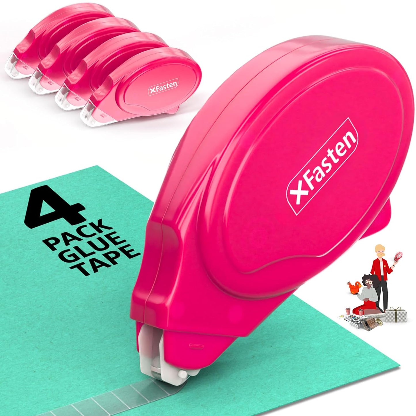 XFasten Glue Tape Roller for Scrapbooking 4-Pack Acid-Free Pink Double Sided Tape Roller for Crafts, Photos, Bullet and Junk Journaling Supplies - Scrapbook Adhesive Runner (0.3 in x 30 ft)