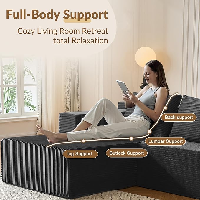 ANONER 103" Modular Sectional Sofa, L-Shaped Cloud Couch with Chaise, Corner Sofa with Deep Seat, Modern Minimalist Boneless Couch, Sectional Couches for Living Room, Apartment (Dark Grey)
