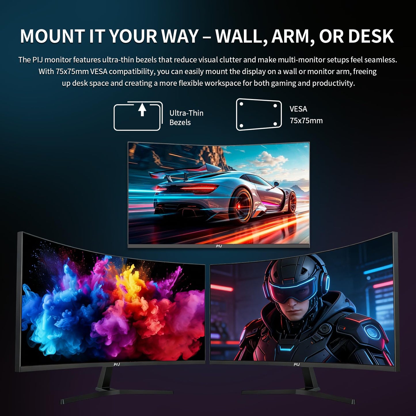 PIJ 27 Inch Curved Gaming Monitor 250Hz, FHD 1080p PC Screen Built-in Speakers, 1800R Computer Monitor with FreeSync, DisplayPort, HDMI, Wall Mountable, Eye Care for Home Office & Gaming