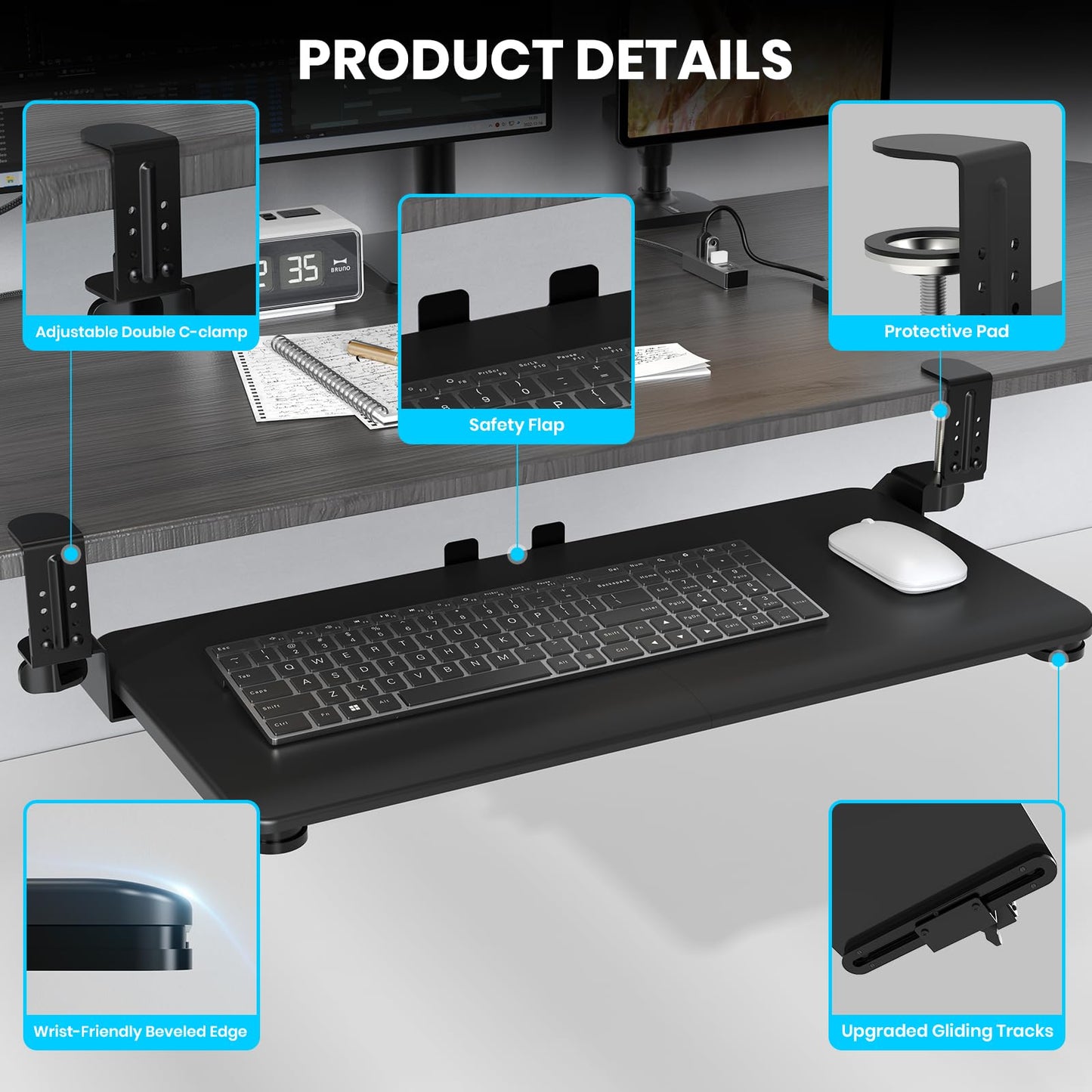 Keyboard Tray Under Desk, Pull Out Keyboard & Mouse Tray with Adjustable C-clamp, 25.6(31.5 Including Clamps) x 11.8 Inch Slide Out Computer Keyboard Drawer Mouse Tray for Typing, Black