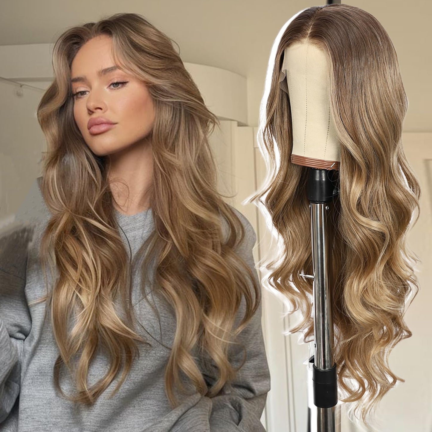 BABEHERS Blonde Lace Front Wig for Women 13x4 Body Wave Synthetic Wigs with Ombre Blonde Tips Pre-plucked Long Wavy 150% Density
