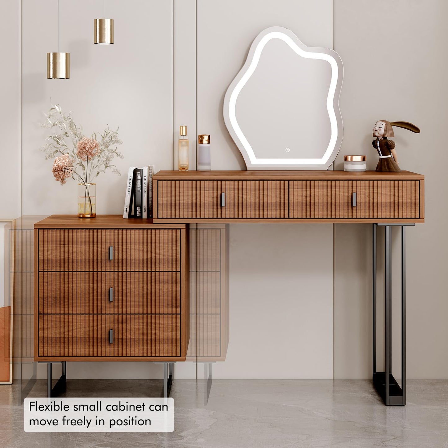 Ieejdn Brown Vanity Desk with Mirror and Lights,Small Makeup Vanity with 5 Drawers，Modern Makeup Table with Adjustable Cabinet for Bedroom,Makeup Room