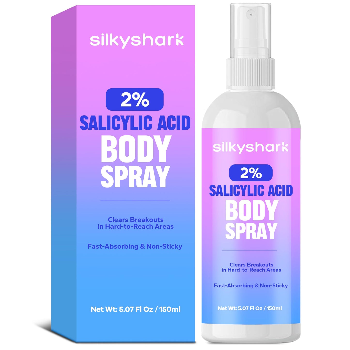 SilkyShark Salicylic Acid Spray (5.07 Fl Oz), 2% Salicylic Acid Body Spray, Body Acne Treatment for Bacne, Blackheads & Blemishe