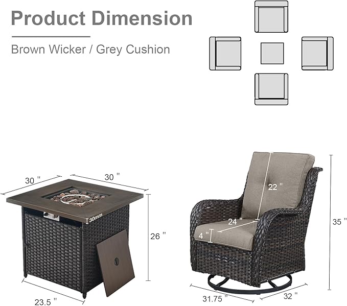 Belord 5 Pieces Patio Wicker Furniture Set - 4 Outdoor Swivel Rocker Glider Chairs with Propane Fire Pit Table, Warm Patio Conversation Set Grey Cushion Perfect for Casual Gathering