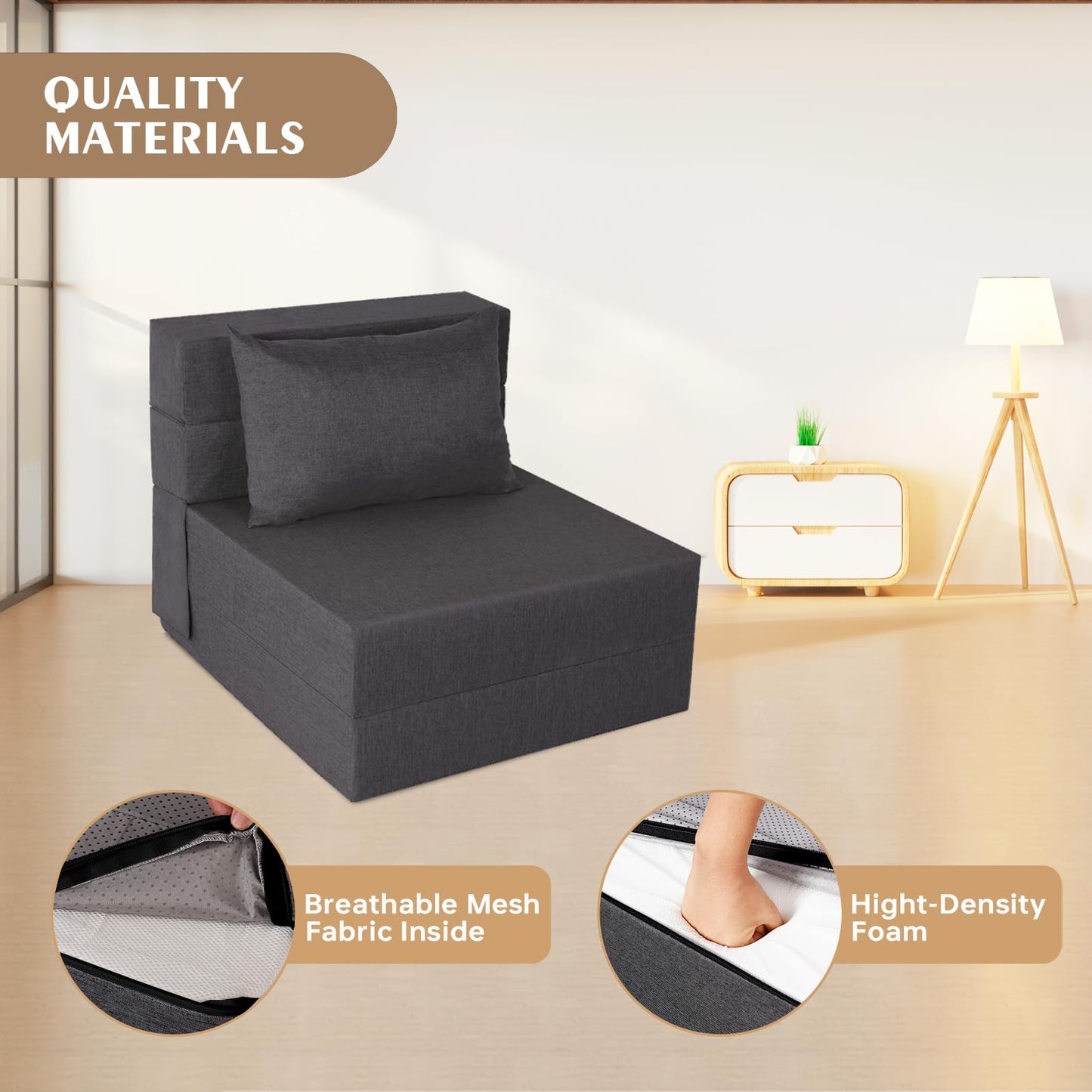 Fvkind Folding Sofa Bed, Foldable Sleeper Chair with Pillow, Convertible Futon Sofa Bed with Washable Cover, Fold Out Couch for Living Room, Dorm, Guest Room, Single Size, Dark Grey