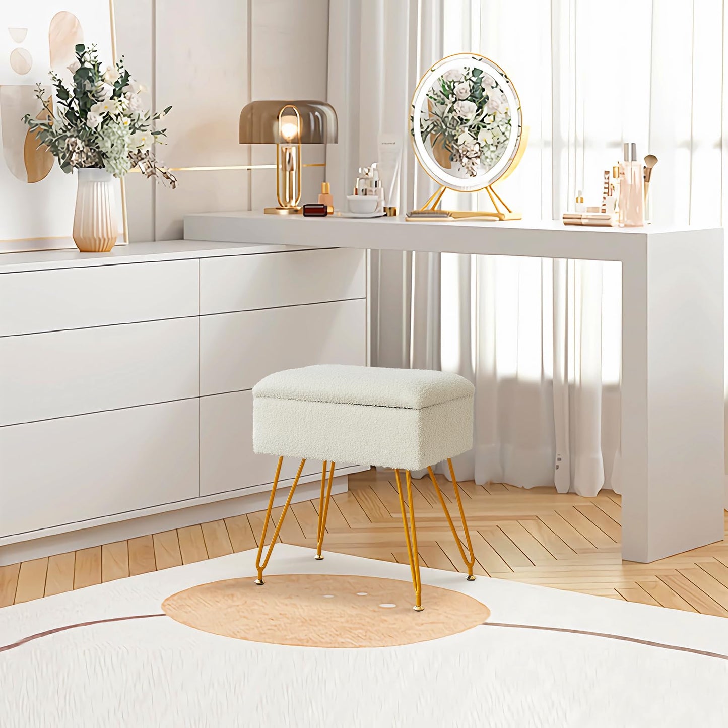 Alessing Vanity Stool Chair Ottoman with Storage, Sherpa Vanity Chair for Makeup Room, Rectangle Vanity Stools with Metal Legs, Soft Makeup Stool Footrest Footstools for Bedroom Living Room, White