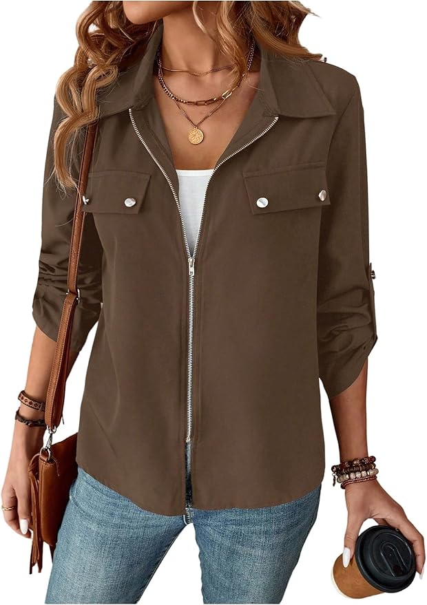 SOLY HUX Women's Zip Up Lightweight Jacket Collared Roll Up Long Sleeve Shirt Jacket Fall Casual Outerwear