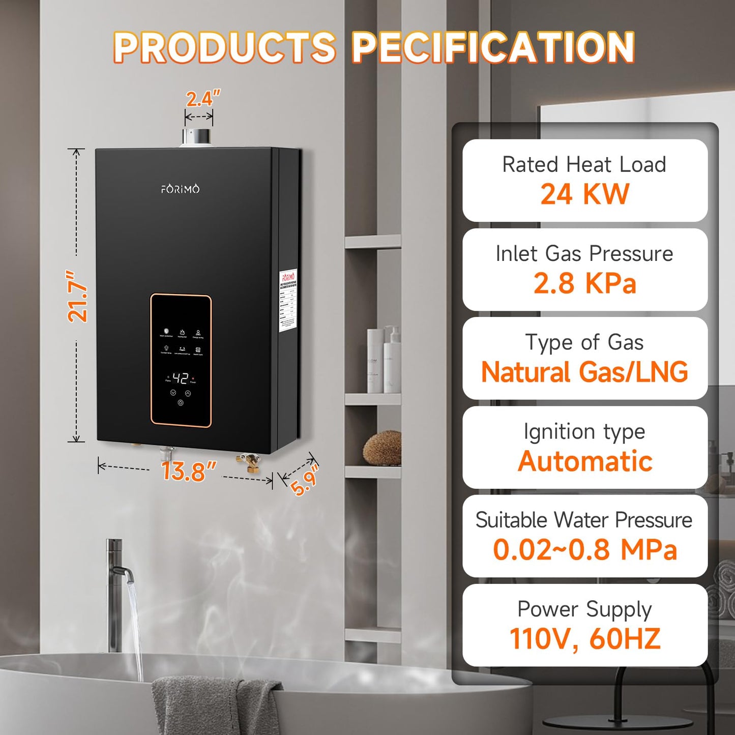 Natural Gas Tankless Water Heater, 4.74 GPM 18L Indoor,Constant propane water heater,Instant Hot Natural Gas Water Heater with Fahrenheit Digital Display,Multi-Protection