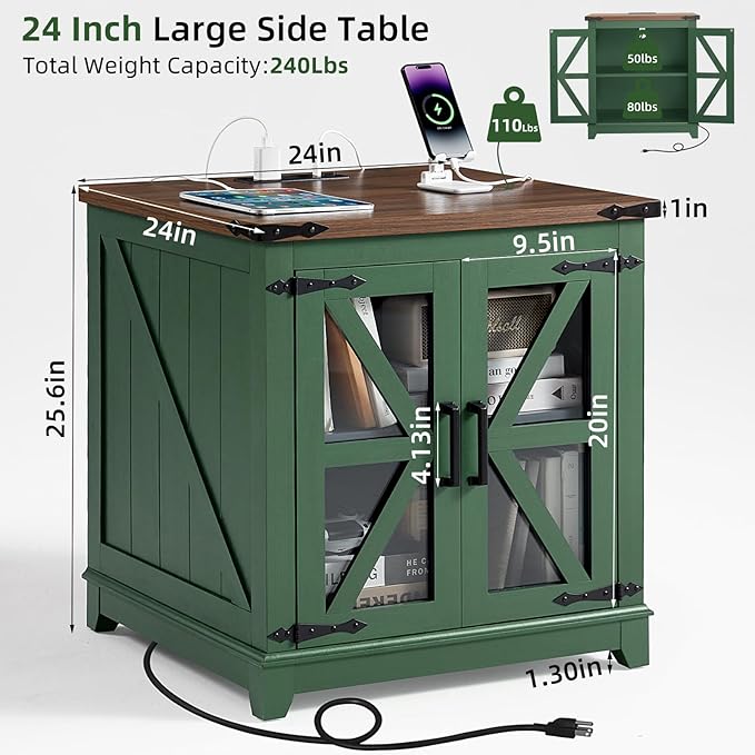 Joaxswe Farmhouse End Table with Charging Station Set 2, 24" Large Sofa Side Table with Glass Barn Door, Nightstand with Adjustable Storage Shelf, Wood Square Bedside Table for Living Room, Bedroom