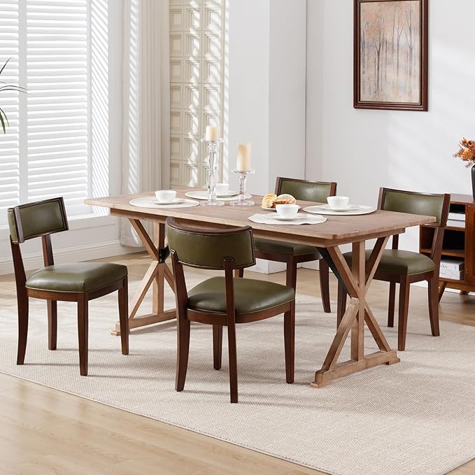 DM Furniture Mid Century Modern Dining Set of 6 - Faux Leather Upholstered Chairs With Curved Backrest - Farmhouse Kitchen Solid Wood Side Chairs for Living Room/Restaurant