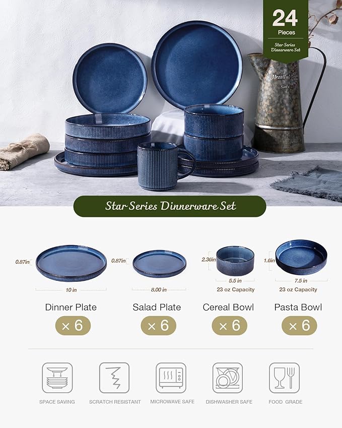 Famiware Star Dinnerware Set with Pasta Bowls, Service for 6 (24 Pieces), Ribbed Stoneware Plates and Double Bowls Sets - Chip & Scratch Resistant, Microwave & Dishwasher Safe Dishes, Nebulas Blue