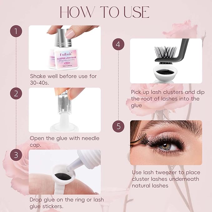 FADLASH Lash Cluster Glue Black Eyelash Glue for DIY Lash Extensions Waterproof 2-3s Fast Drying 2 Weeks Retention Long-Lasting at Home (10ml)
