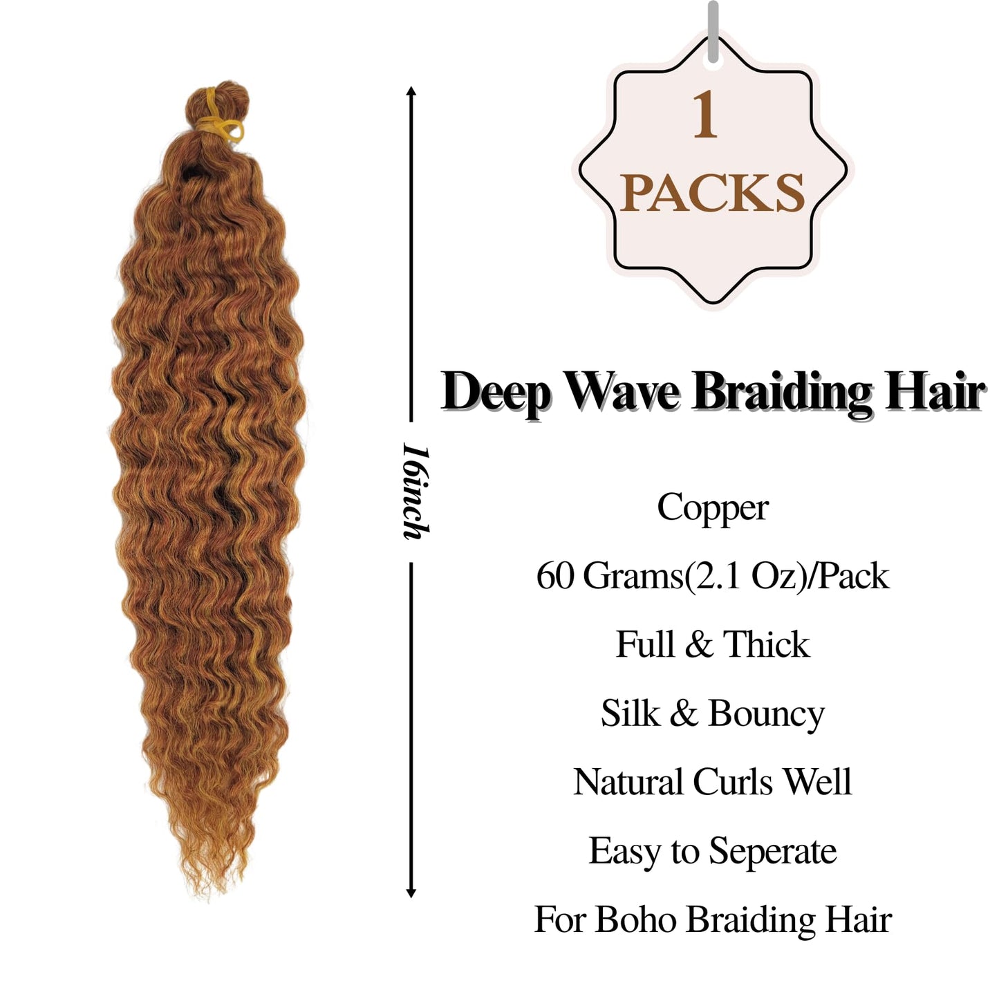 Copper Braiding Hair Pre stretched for Bob Boho Hypoallergenic Braiding Hair for Boho Braids Deep Wave Braids