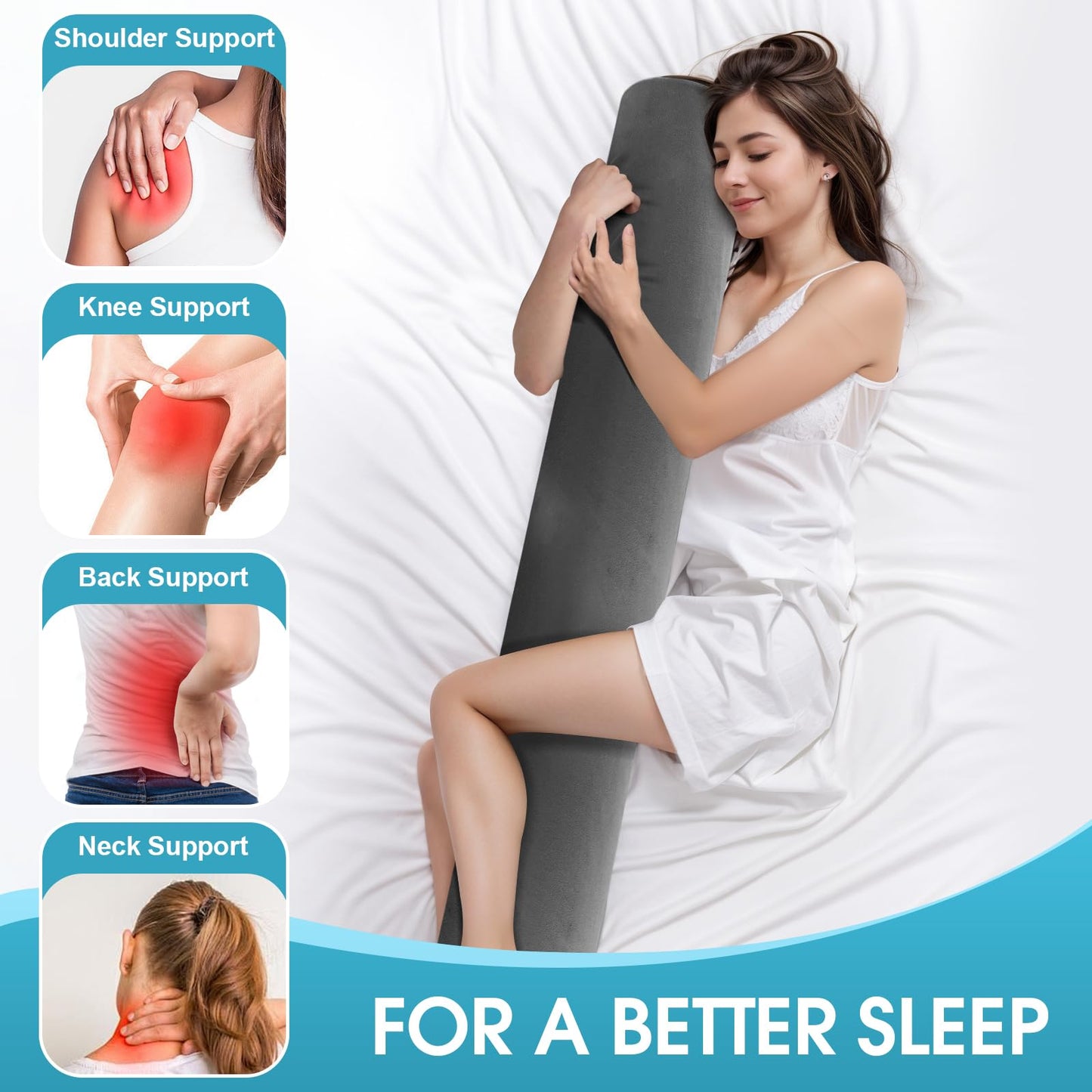 SereneCloud Memory Foam Body Pillow, Long Pillow for Bed, Big Full Body Pillows for Adults, Multifunctional Bolster Pillow with Removable & Washable Velvet Cover, Cylindrical Side Pillow (35.43"*7.9")
