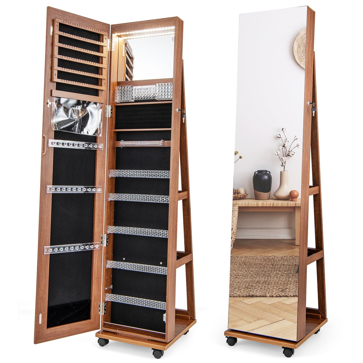 HAPPYGRILL 360° Jewelry Cabinet with Full-Length Mirror, Lockable Jewelry Organizer with Wheels, 3-Color LED Lights,Height Adjustable Shelves, Standing Jewelry Armoire for Girls Women (White)
